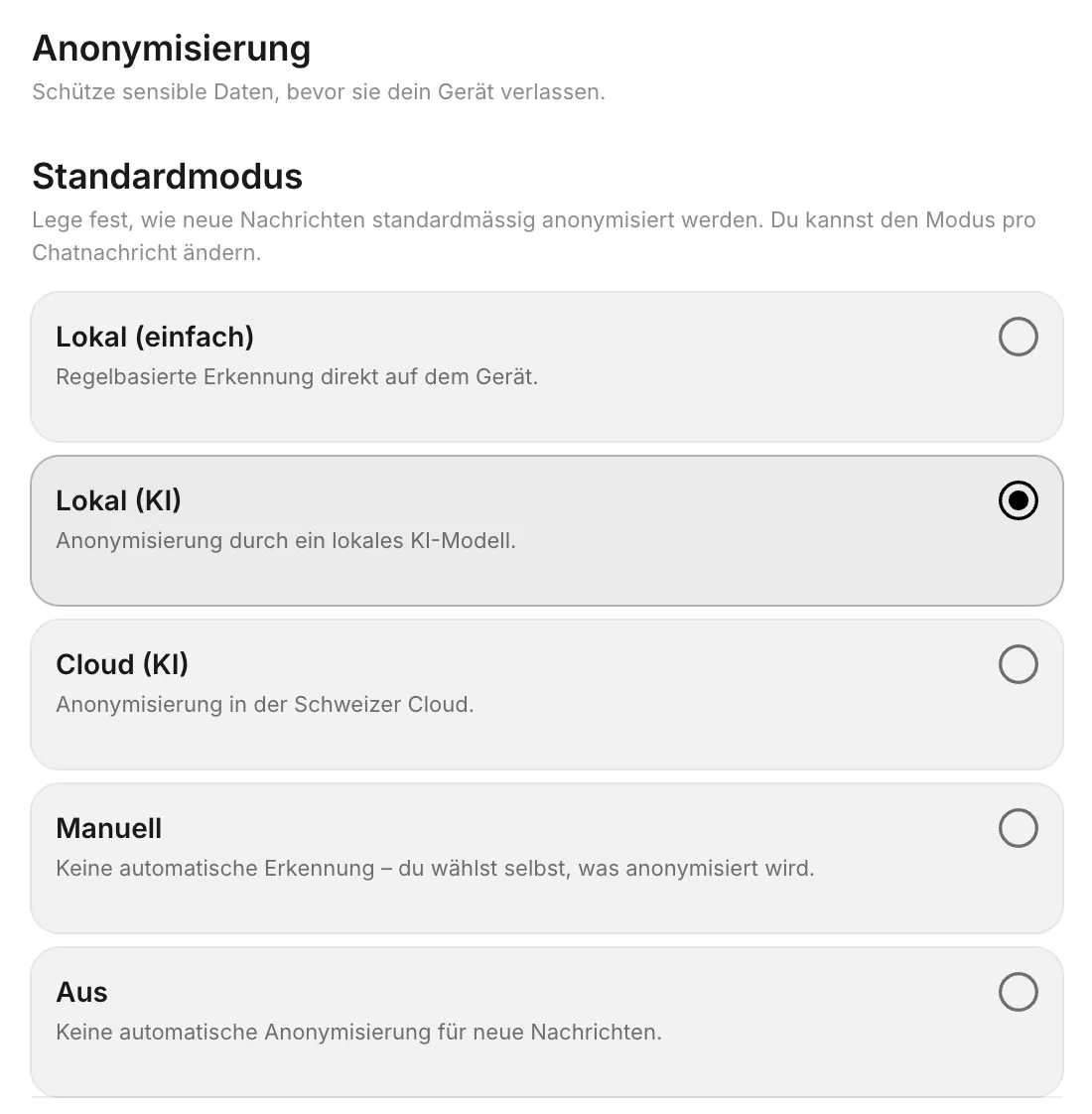 Einstellungen für Standardmodus der Anonymisierung