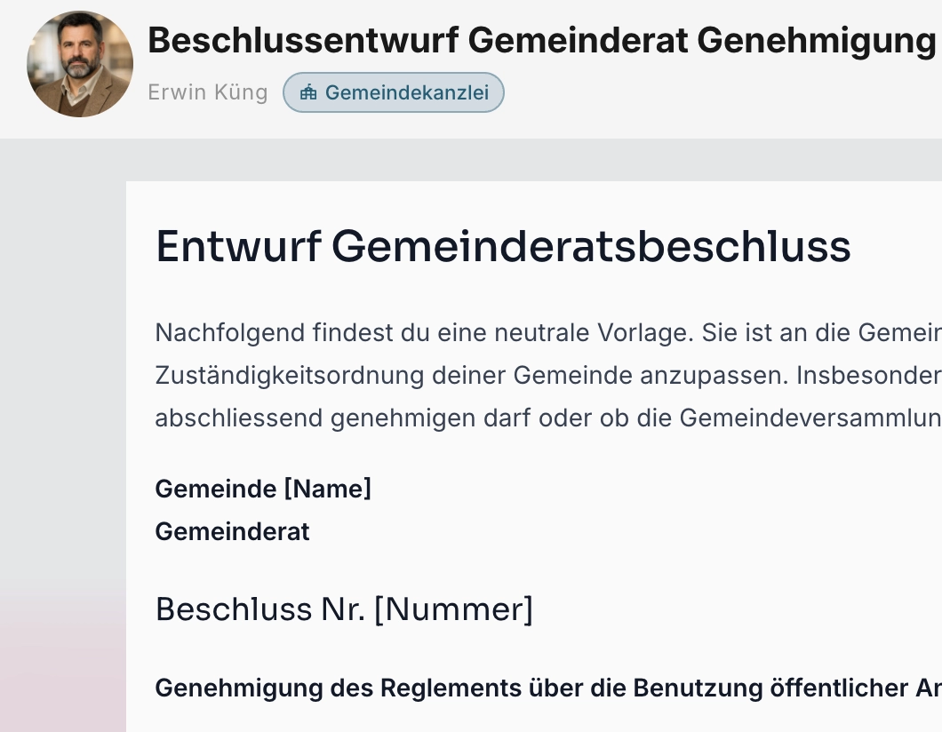 Antwort des Agenten mit strukturiertem Beschlussentwurf